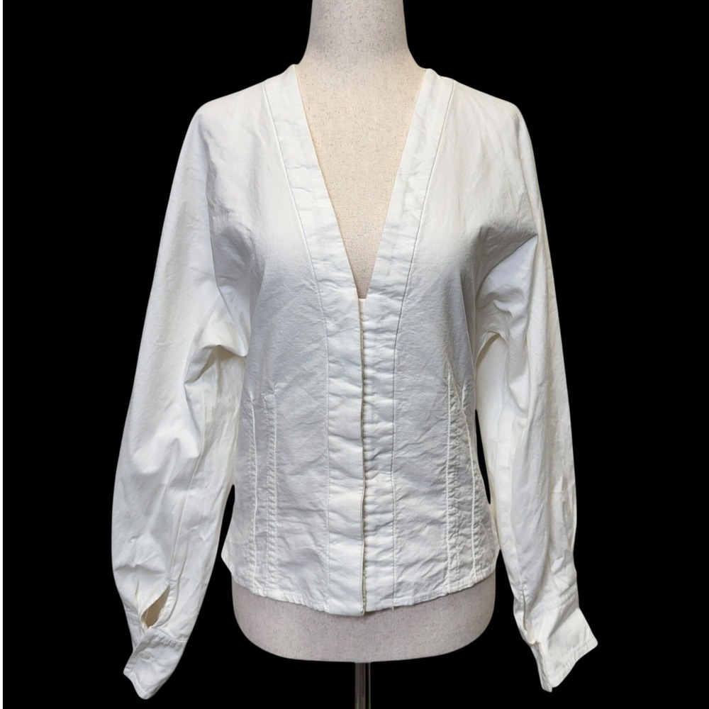 Zara Corset Style Blouse M White Cotton Deep V-Neck Structured Minimalist Chic